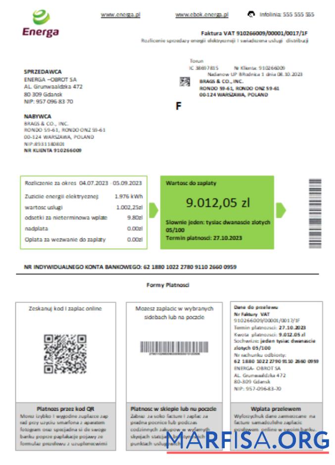 Printable Poland Energa utility business bill, SCR download for verification
